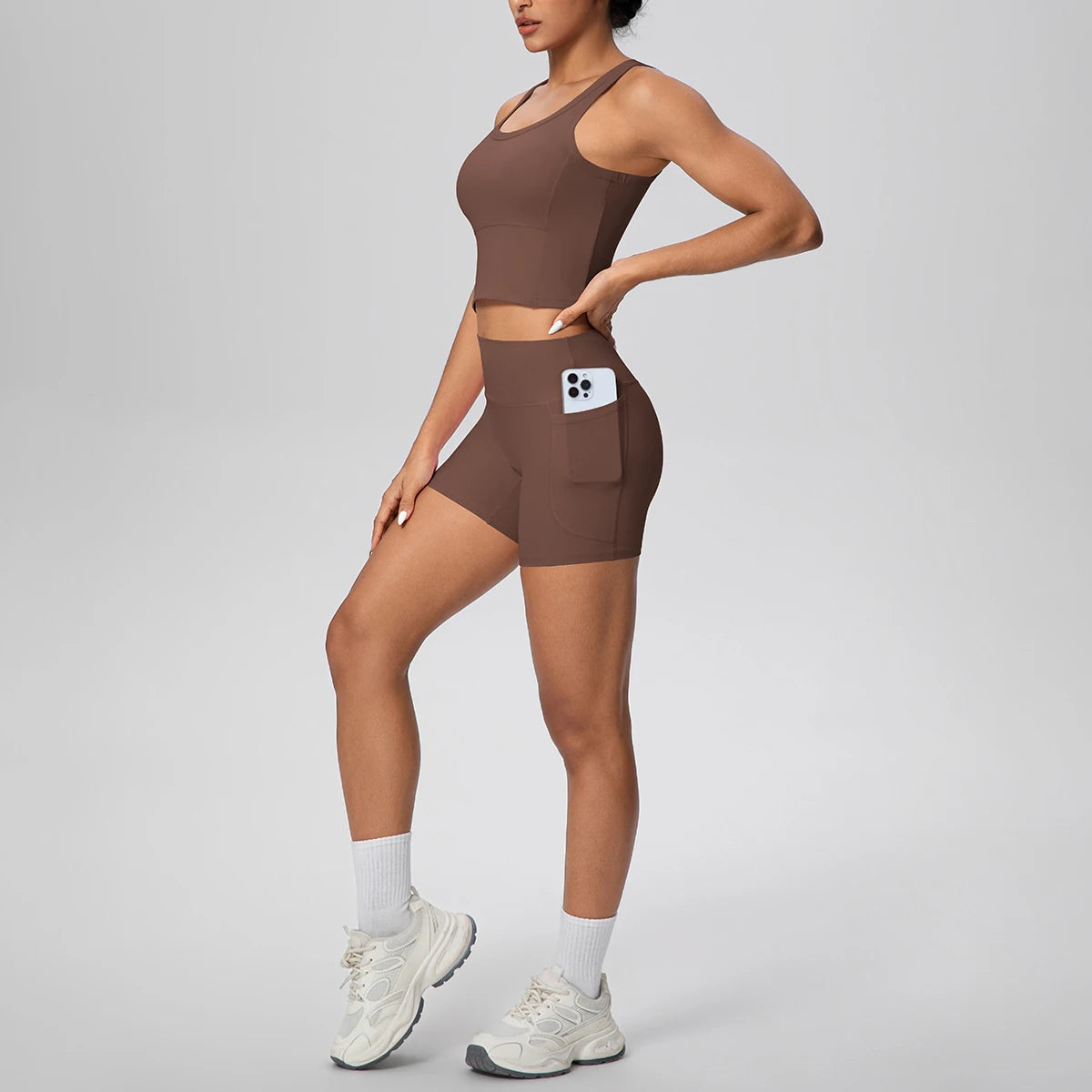 2PCS Women Summer Fitness Sports Yoga Set Backless Yoga Underwear with Chest Pad Workout Top Quick-Dry Gym Pockets Shorts Set