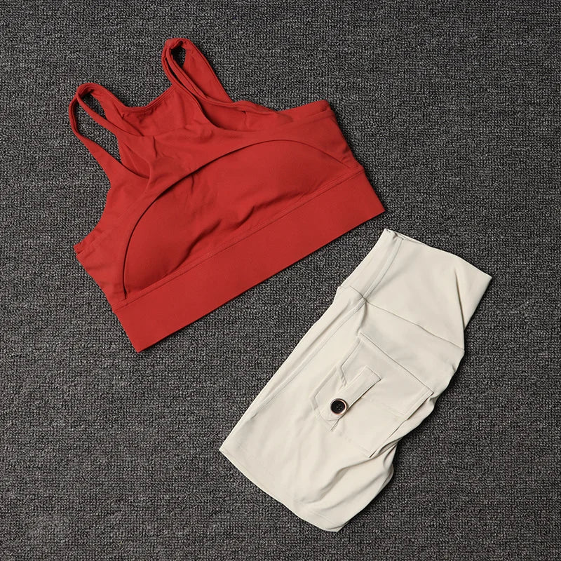 Fitness Shorts Yoga Sets Women's Tracksuit High Waist Sportswear Bra Workout Leggings Cycling Gym Shorts Sports Suit With Pocket