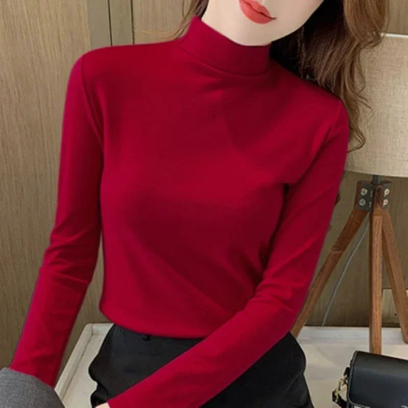 2025 Women Classic Korean Long Sleeve Tops Lady Fashion Thermal Underwear Clothes Female Half High Collar Thin Pullovers