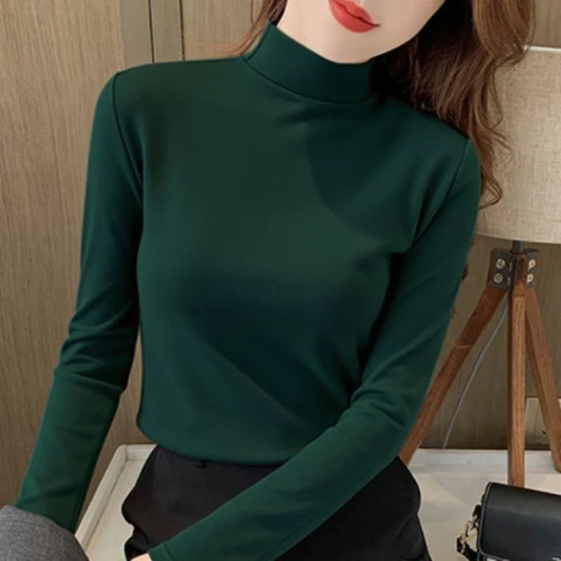2025 Women Classic Korean Long Sleeve Tops Lady Fashion Thermal Underwear Clothes Female Half High Collar Thin Pullovers