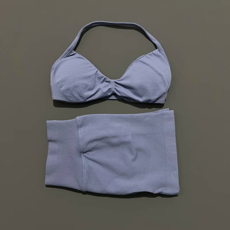 2 Pieces HISTELLO Sports Set Seamless Strappy Yoga Bra High Waist Scrunch Shorts Breathable Elastic Gym Workout Fitness Clothes