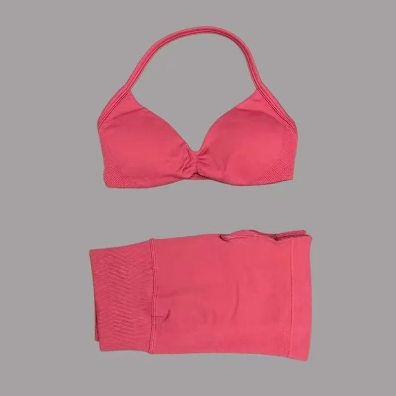 2 Pieces HISTELLO Sports Set Seamless Strappy Yoga Bra High Waist Scrunch Shorts Breathable Elastic Gym Workout Fitness Clothes