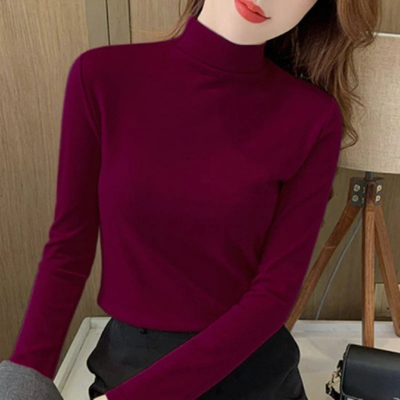 2025 Women Classic Korean Long Sleeve Tops Lady Fashion Thermal Underwear Clothes Female Half High Collar Thin Pullovers