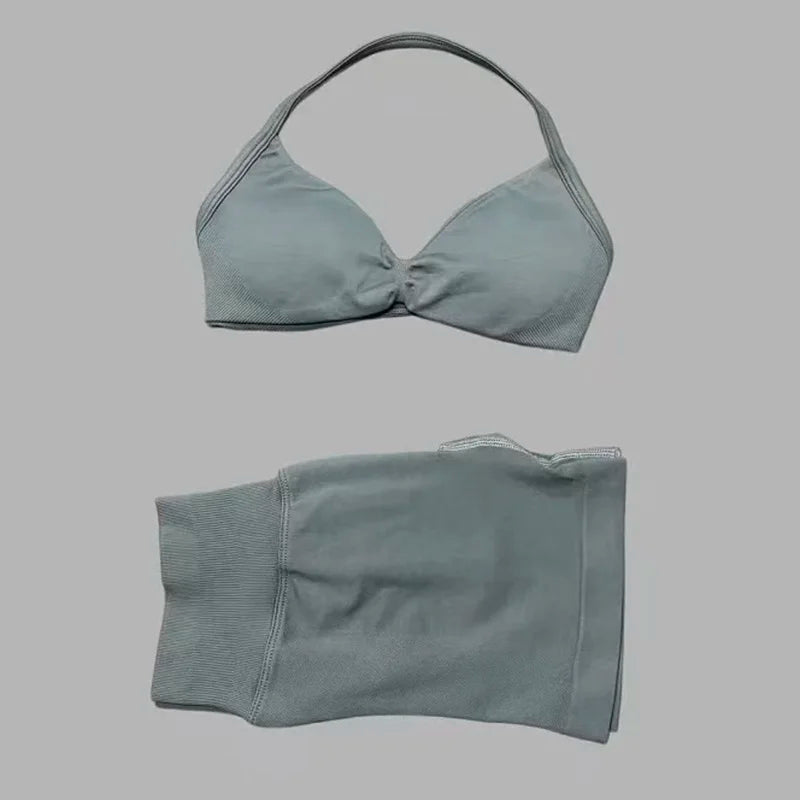 2 Pieces HISTELLO Sports Set Seamless Strappy Yoga Bra High Waist Scrunch Shorts Breathable Elastic Gym Workout Fitness Clothes