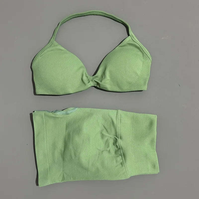 2 Pieces HISTELLO Sports Set Seamless Strappy Yoga Bra High Waist Scrunch Shorts Breathable Elastic Gym Workout Fitness Clothes