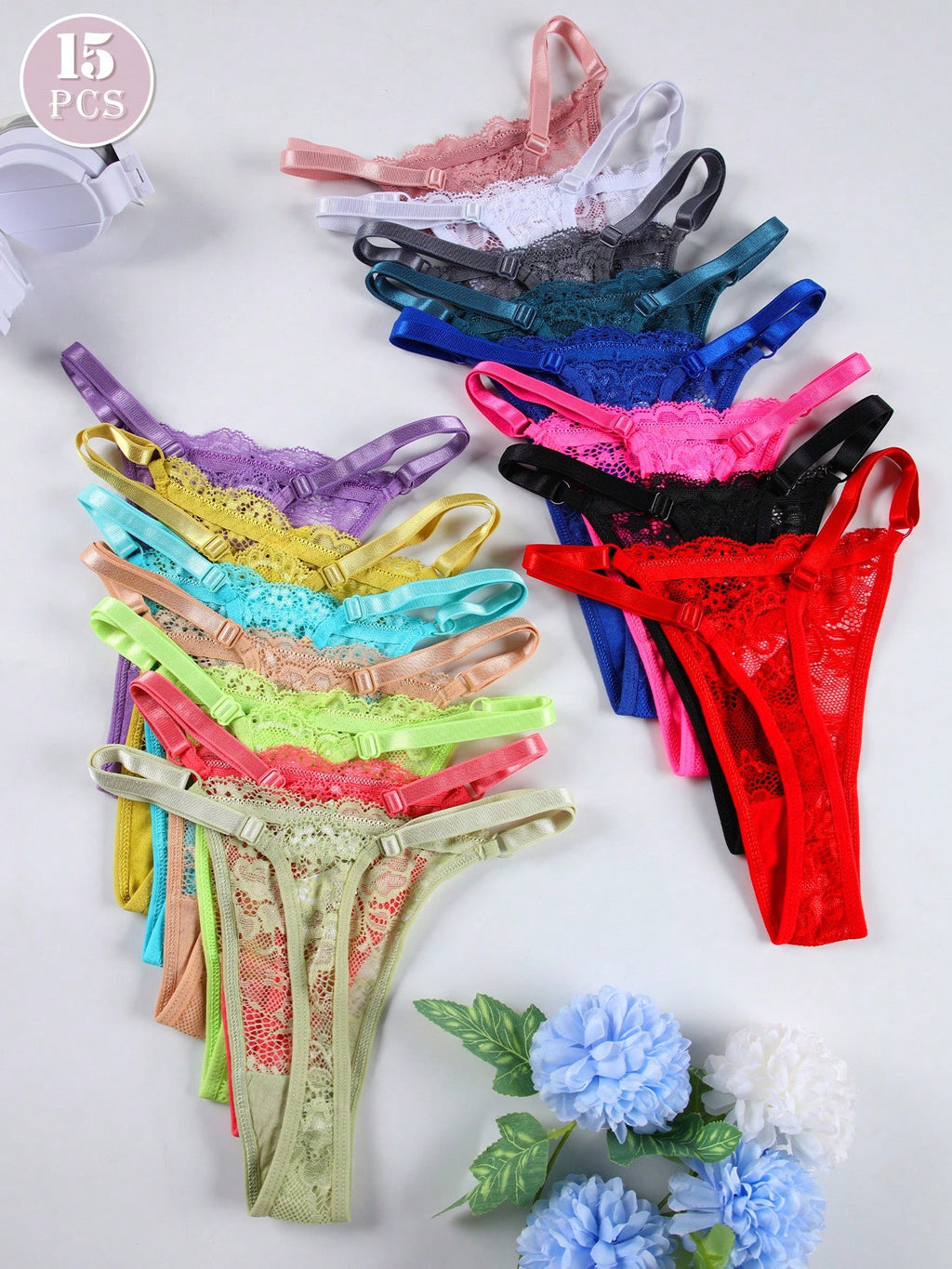 15Pcs/Set Sexy Lace Adjustable Waist G-String/Thong Panties for Women, Candy Colors