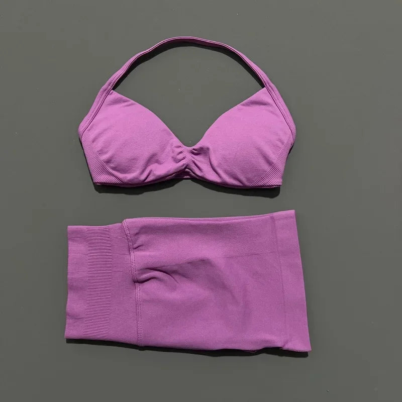 2 Pieces HISTELLO Sports Set Seamless Strappy Yoga Bra High Waist Scrunch Shorts Breathable Elastic Gym Workout Fitness Clothes