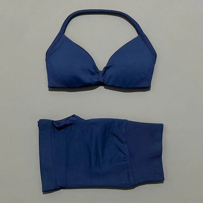 2 Pieces HISTELLO Sports Set Seamless Strappy Yoga Bra High Waist Scrunch Shorts Breathable Elastic Gym Workout Fitness Clothes