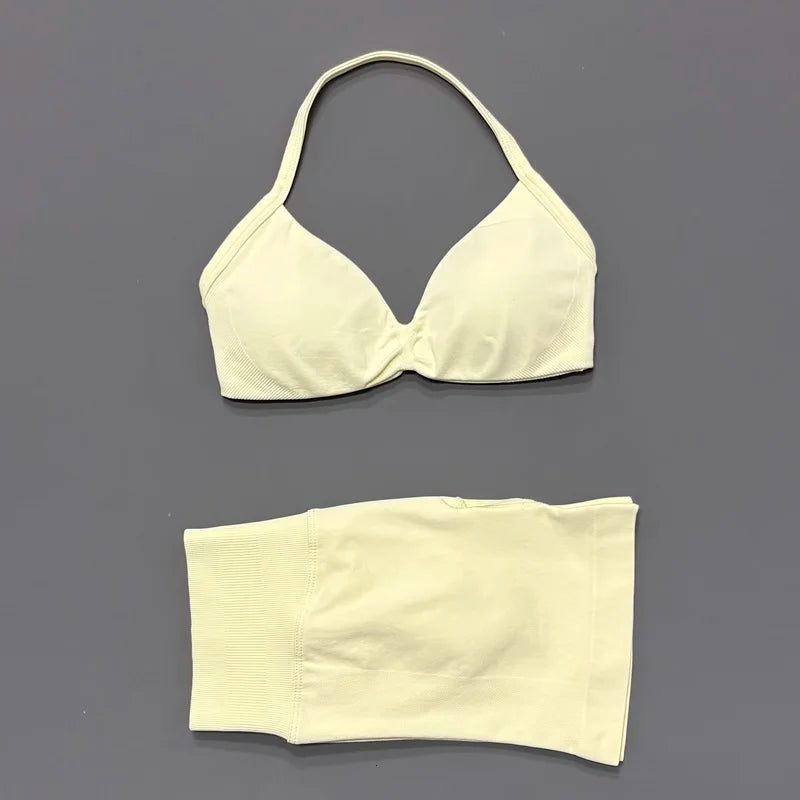 2 Pieces HISTELLO Sports Set Seamless Strappy Yoga Bra High Waist Scrunch Shorts Breathable Elastic Gym Workout Fitness Clothes
