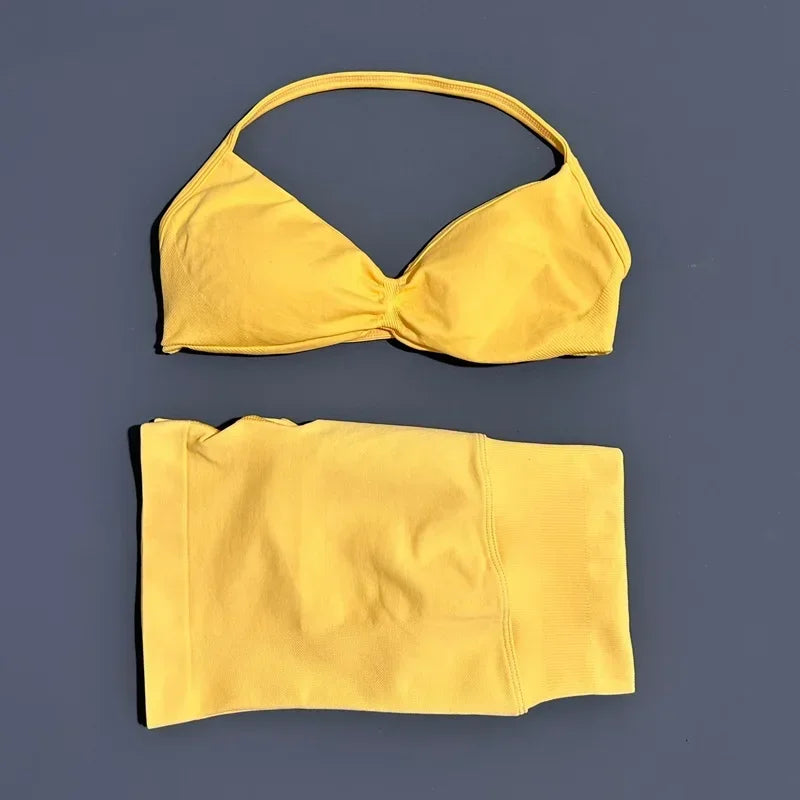 2 Pieces HISTELLO Sports Set Seamless Strappy Yoga Bra High Waist Scrunch Shorts Breathable Elastic Gym Workout Fitness Clothes