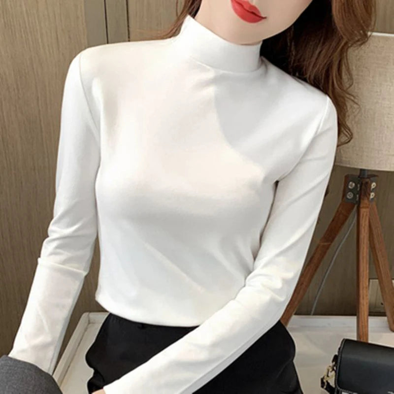 2025 Women Classic Korean Long Sleeve Tops Lady Fashion Thermal Underwear Clothes Female Half High Collar Thin Pullovers