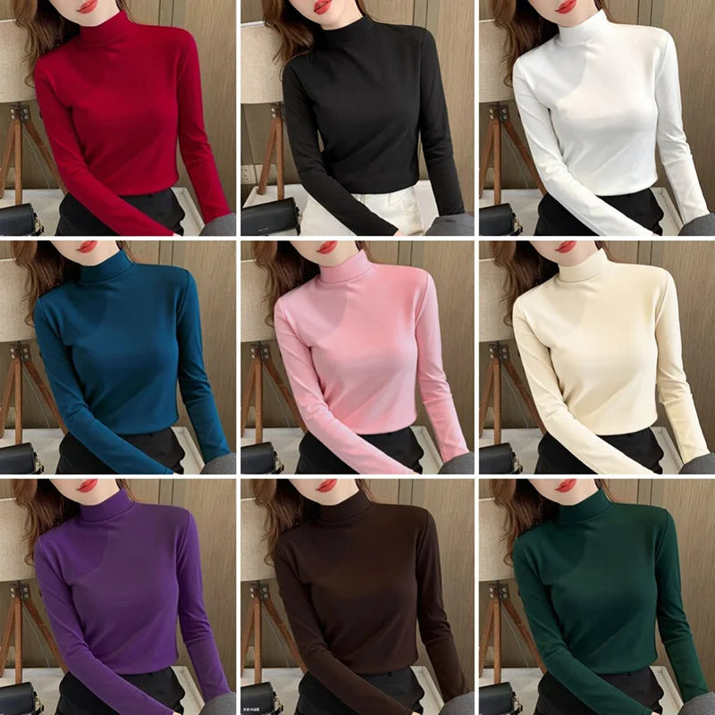 2025 Women Classic Korean Long Sleeve Tops Lady Fashion Thermal Underwear Clothes Female Half High Collar Thin Pullovers