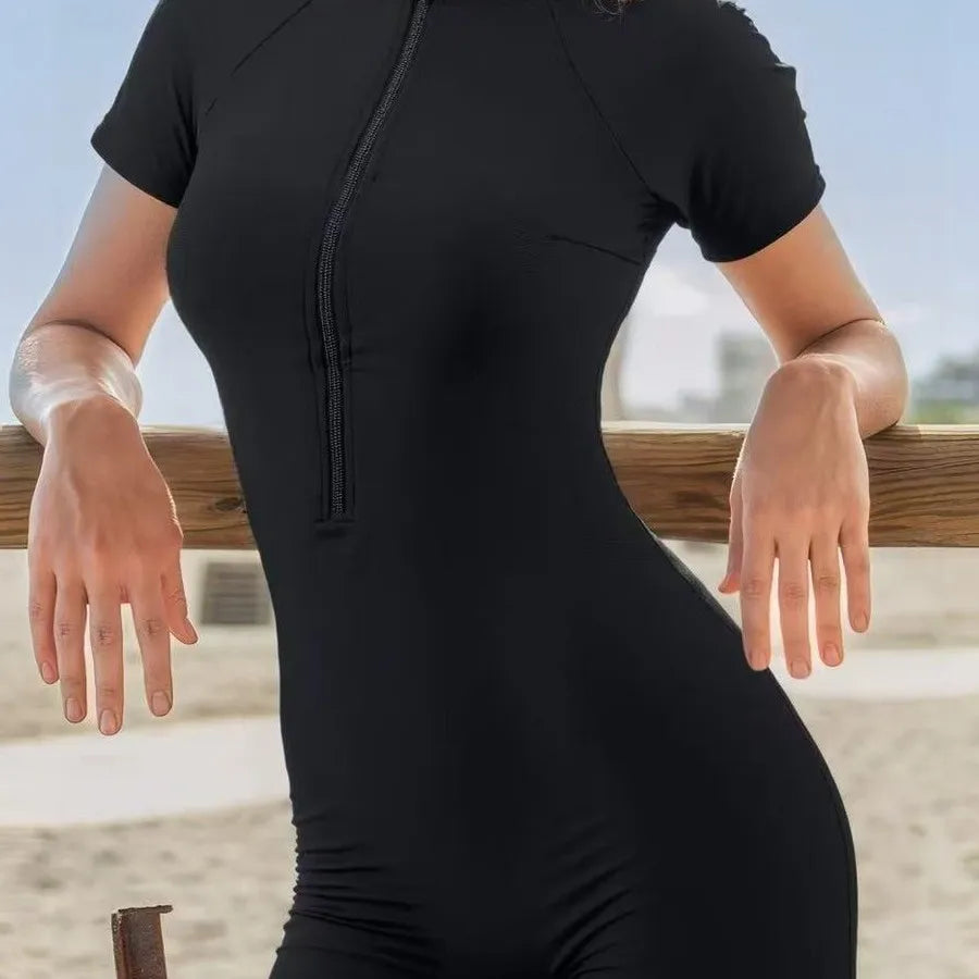 Woman Swimsuit Solid Black Front Zipper Modest Swimwear High Neck Swimsuit Waterproof Bathing Suit Matte