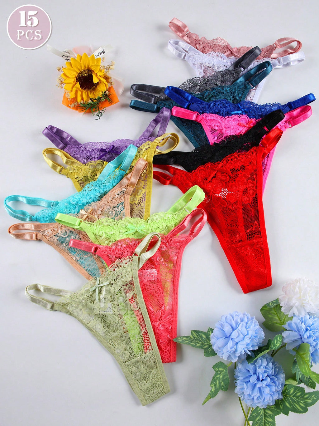 15Pcs/Set Sexy Lace Adjustable Waist G-String/Thong Panties for Women, Candy Colors