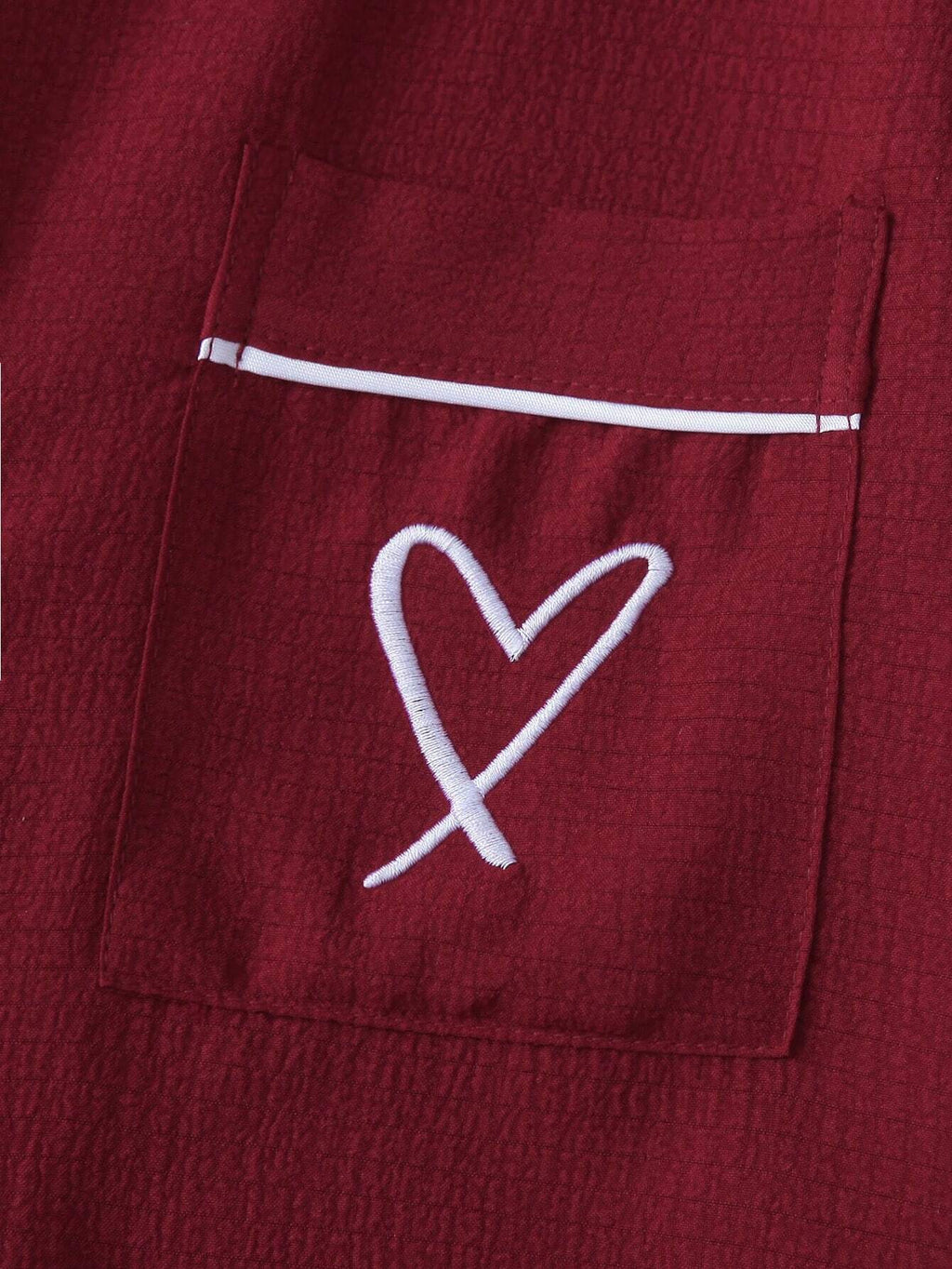 2Pcs Solid Color Women'S Summer Contrast Trim Lapel Pocket Heart Short Sleeve Button-Up Top and Bow Shorts Pajama Set