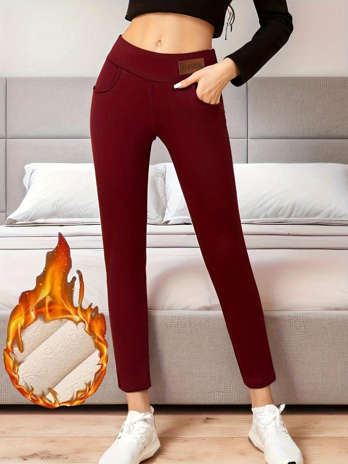 1Pc Comfortable Warm Fleece Leggings, Casual Elastic Pocket High Waist Full Length Leggings, Autumn/Winter