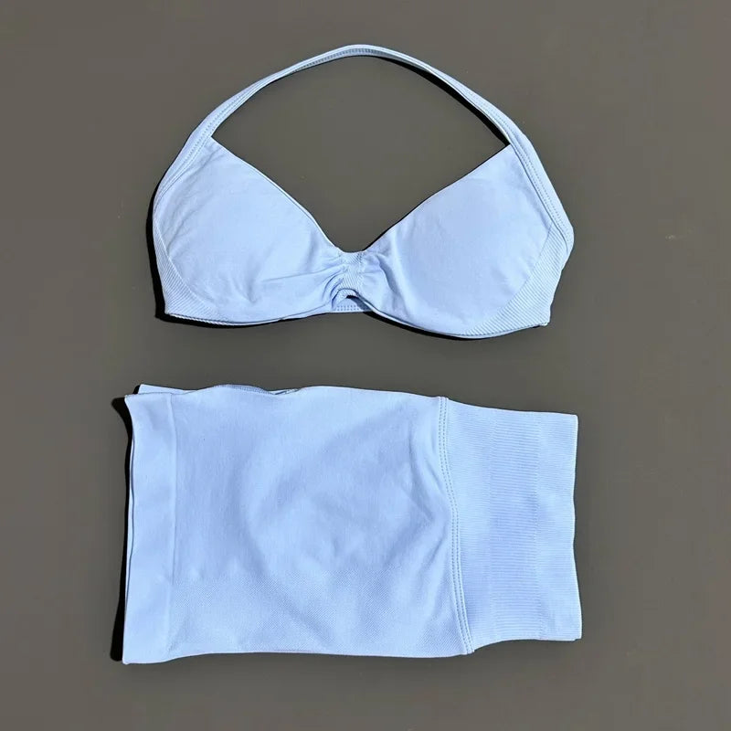2 Pieces HISTELLO Sports Set Seamless Strappy Yoga Bra High Waist Scrunch Shorts Breathable Elastic Gym Workout Fitness Clothes