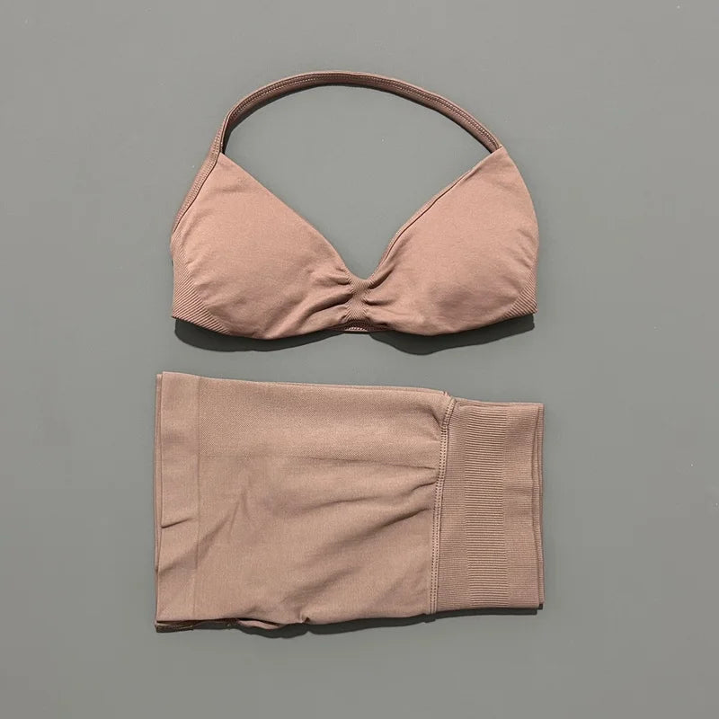 2 Pieces HISTELLO Sports Set Seamless Strappy Yoga Bra High Waist Scrunch Shorts Breathable Elastic Gym Workout Fitness Clothes