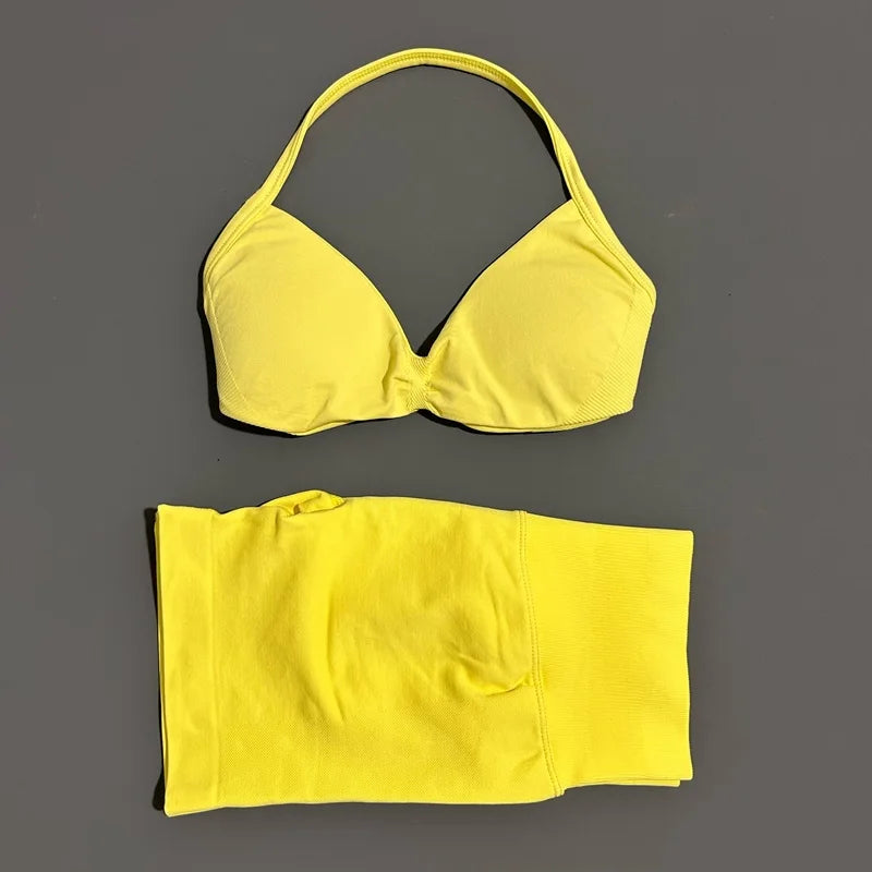 2 Pieces HISTELLO Sports Set Seamless Strappy Yoga Bra High Waist Scrunch Shorts Breathable Elastic Gym Workout Fitness Clothes