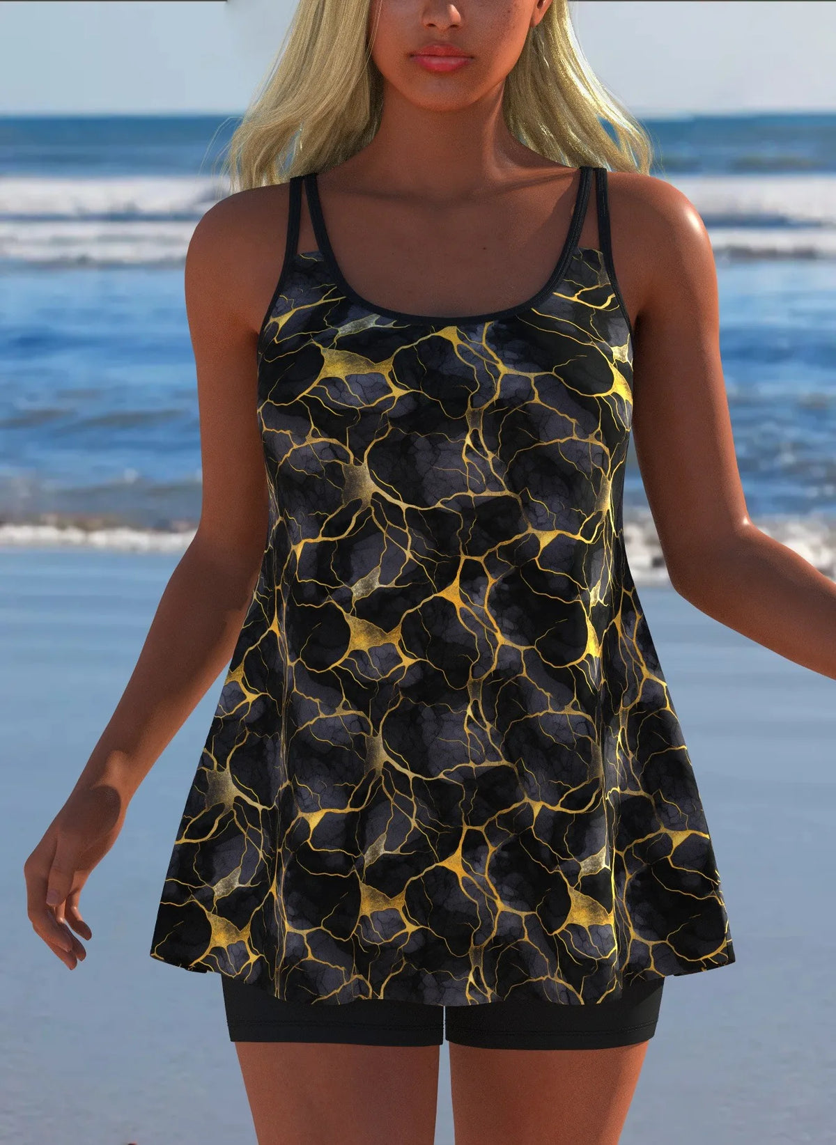 Black White Print Tankini Sleeveless Flared Hem Tankini Top High Stretch Swim Tank Gradient Adjustable Straps Two Piece Swim Top