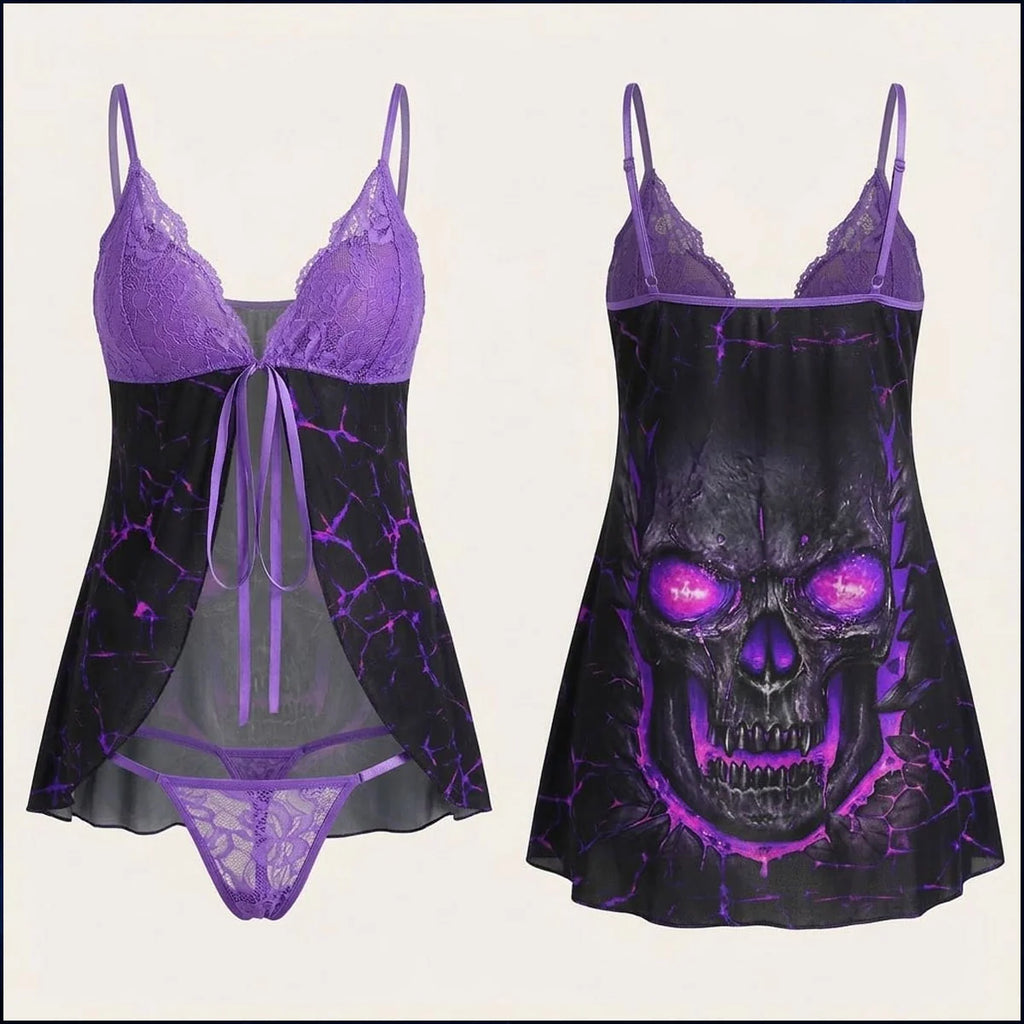 Gothic Skull Lace Nightgown, Open-Front Purple Babydoll