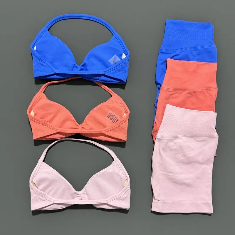 2 Pieces HISTELLO Sports Set Seamless Strappy Yoga Bra High Waist Scrunch Shorts Breathable Elastic Gym Workout Fitness Clothes