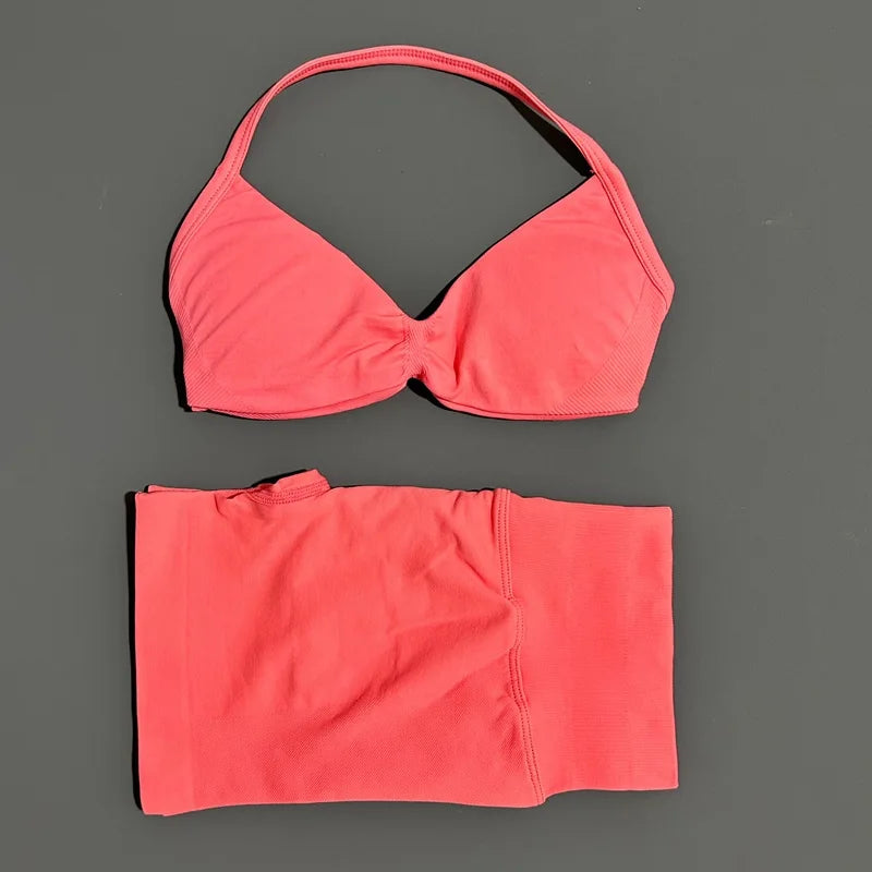 2 Pieces HISTELLO Sports Set Seamless Strappy Yoga Bra High Waist Scrunch Shorts Breathable Elastic Gym Workout Fitness Clothes