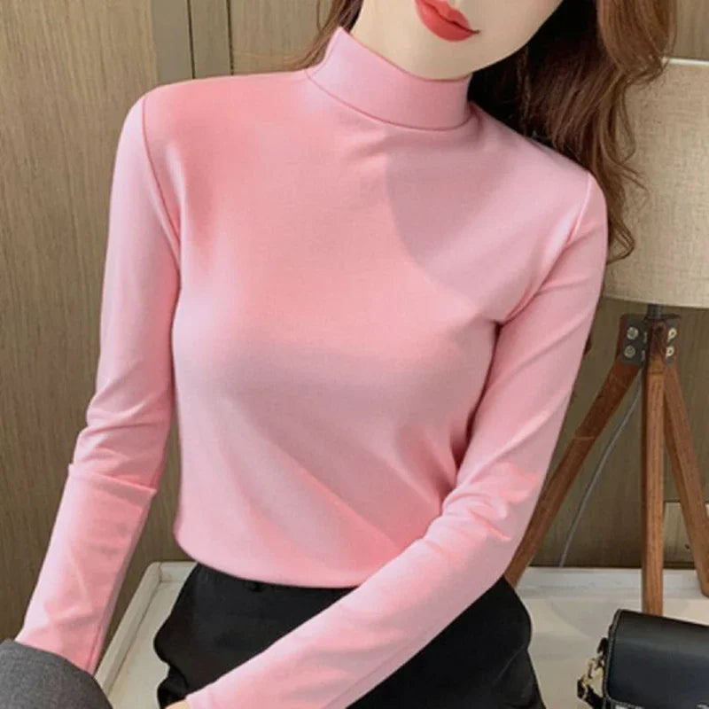 2025 Women Classic Korean Long Sleeve Tops Lady Fashion Thermal Underwear Clothes Female Half High Collar Thin Pullovers