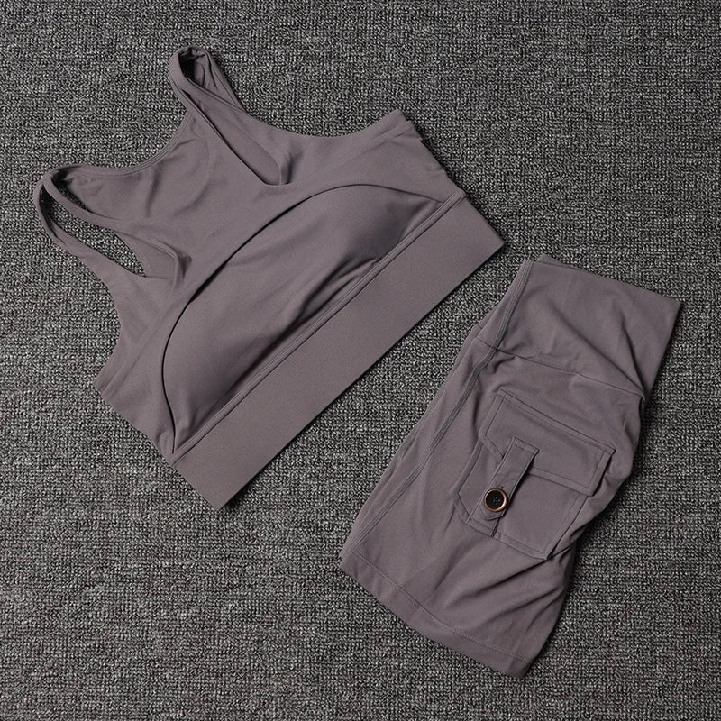 Fitness Shorts Yoga Sets Women's Tracksuit High Waist Sportswear Bra Workout Leggings Cycling Gym Shorts Sports Suit With Pocket