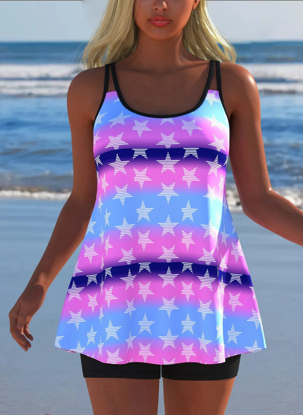 Black White Print Tankini Sleeveless Flared Hem Tankini Top High Stretch Swim Tank Gradient Adjustable Straps Two Piece Swim Top