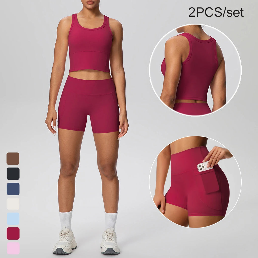 2PCS Women Summer Fitness Sports Yoga Set Backless Yoga Underwear with Chest Pad Workout Top Quick-Dry Gym Pockets Shorts Set
