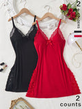 2Pcs Lace Patchwork, Bow Decor, Romantic Side Slit Camisole Nightgown