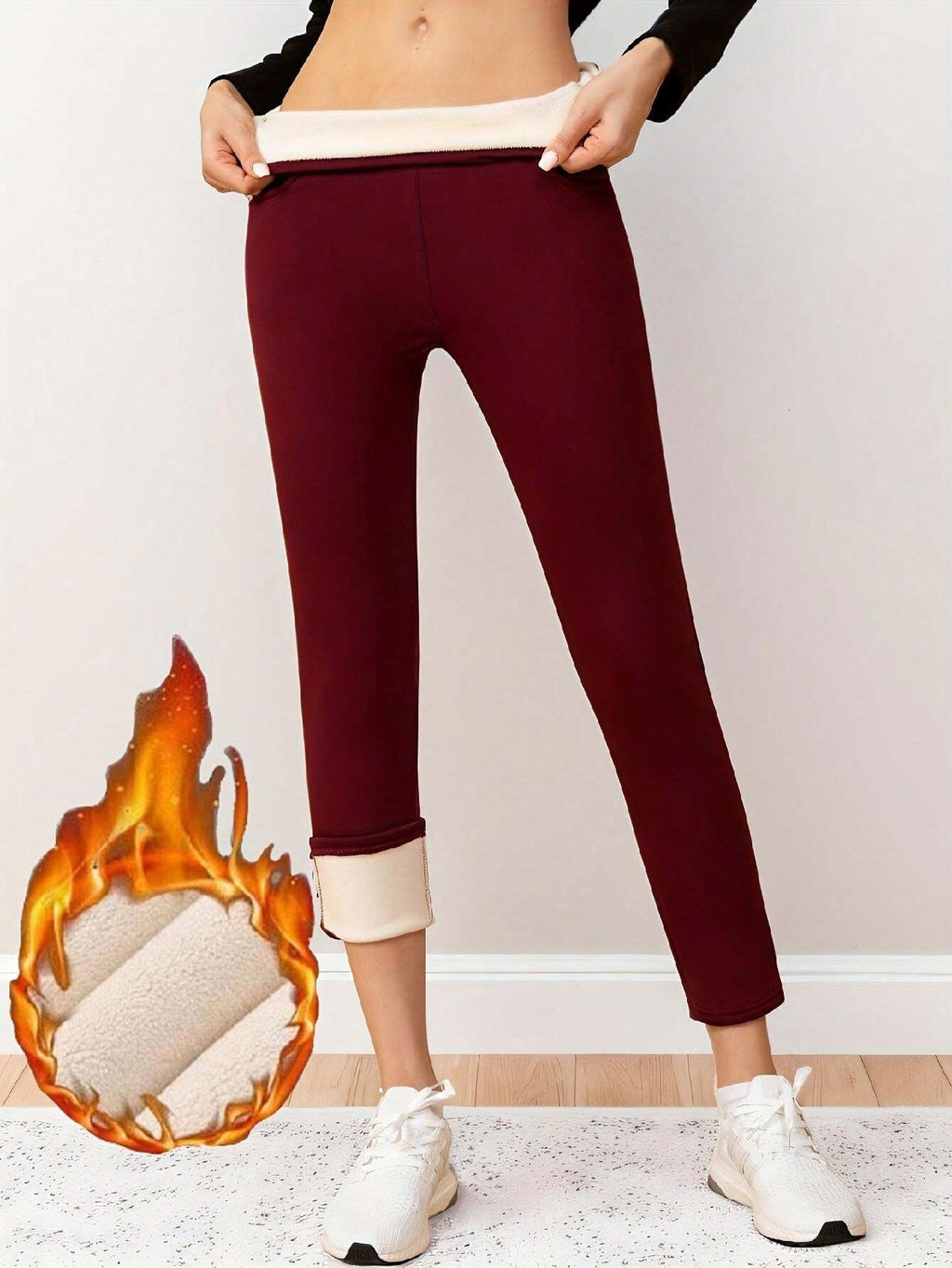 1Pc Comfortable Warm Fleece Leggings, Casual Elastic Pocket High Waist Full Length Leggings, Autumn/Winter