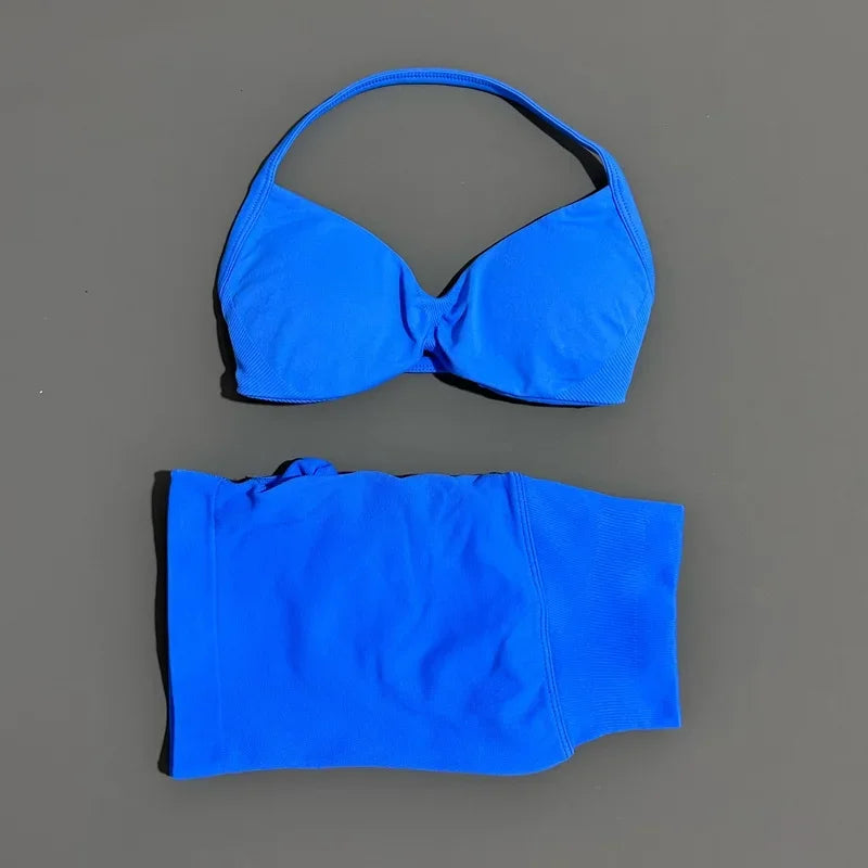 2 Pieces HISTELLO Sports Set Seamless Strappy Yoga Bra High Waist Scrunch Shorts Breathable Elastic Gym Workout Fitness Clothes