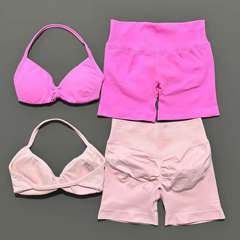 2 Pieces HISTELLO Sports Set Seamless Strappy Yoga Bra High Waist Scrunch Shorts Breathable Elastic Gym Workout Fitness Clothes
