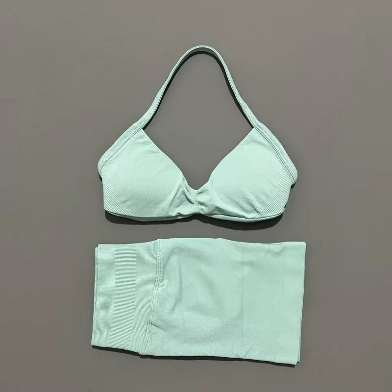 2 Pieces HISTELLO Sports Set Seamless Strappy Yoga Bra High Waist Scrunch Shorts Breathable Elastic Gym Workout Fitness Clothes