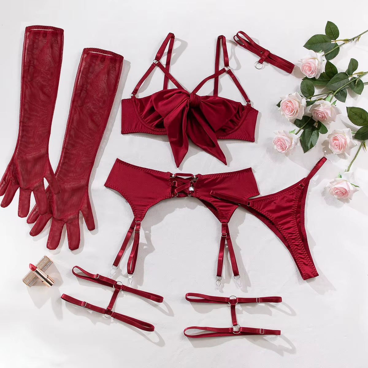 Women Sexy Lingerie Set 3PC Big Bow Tie Hollow Bra T-Back Bikini Leg Ring Set Nightdress Underwear Temptation Sleepwear 1370