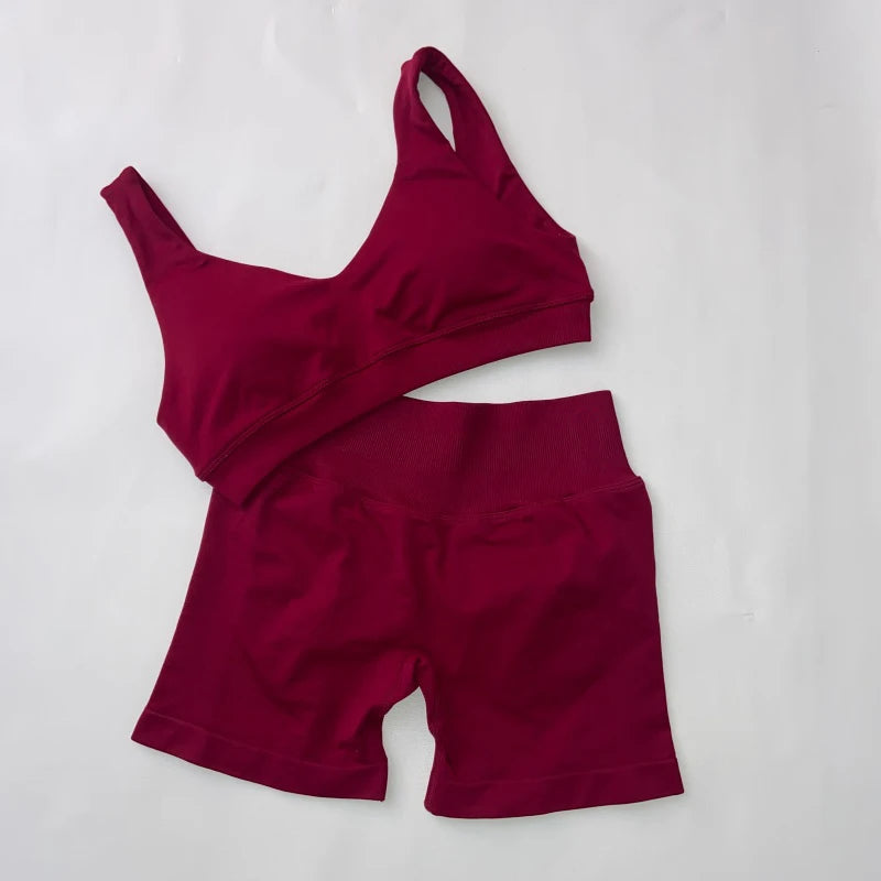 Women's Seamless Gym Set Scoop Backless Sports Bra V Neck Top with Scrunch Shorts Yoga Workout Outfit Fitness Clothing