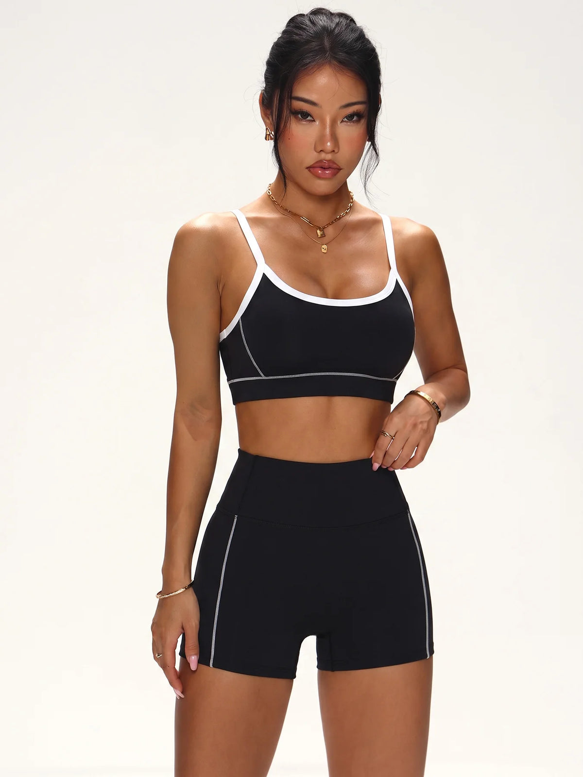 Contrast Trim Seamless Workout Set Women Push Up Sports Bra Butt Lifting Biker Shorts Gym Wear