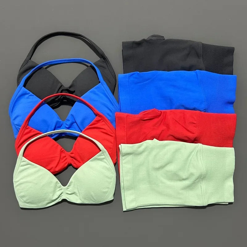 2 Pieces HISTELLO Sports Set Seamless Strappy Yoga Bra High Waist Scrunch Shorts Breathable Elastic Gym Workout Fitness Clothes