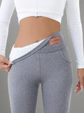 1Pc Comfortable Warm Fleece Leggings, Casual Elastic Pocket High Waist Full Length Leggings, Autumn/Winter