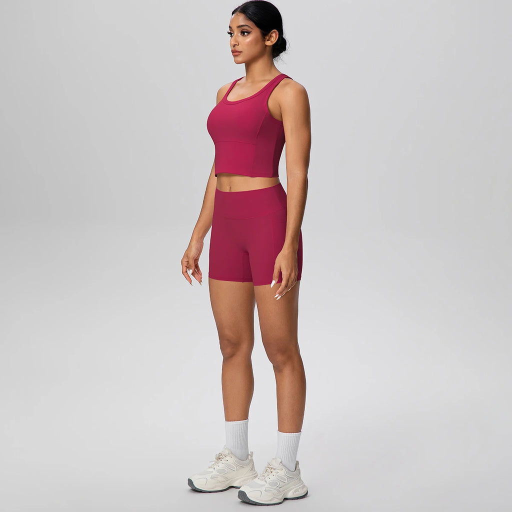 2PCS Women Summer Fitness Sports Yoga Set Backless Yoga Underwear with Chest Pad Workout Top Quick-Dry Gym Pockets Shorts Set