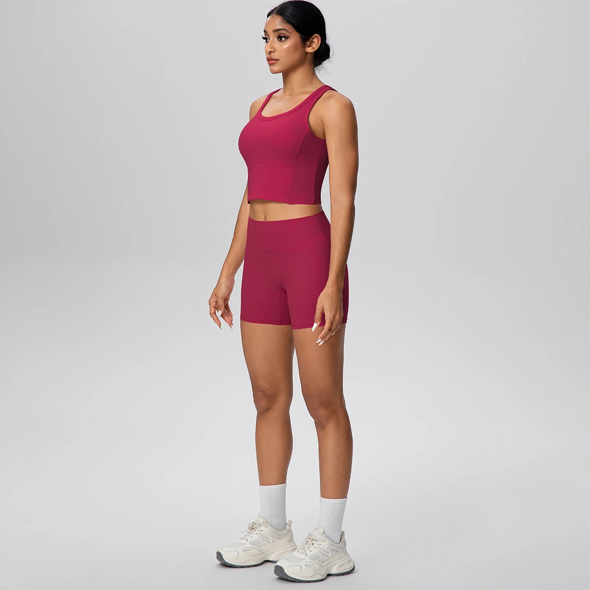 2PCS Women Summer Fitness Sports Yoga Set Backless Yoga Underwear with Chest Pad Workout Top Quick-Dry Gym Pockets Shorts Set
