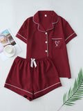 2Pcs Solid Color Women'S Summer Contrast Trim Lapel Pocket Heart Short Sleeve Button-Up Top and Bow Shorts Pajama Set