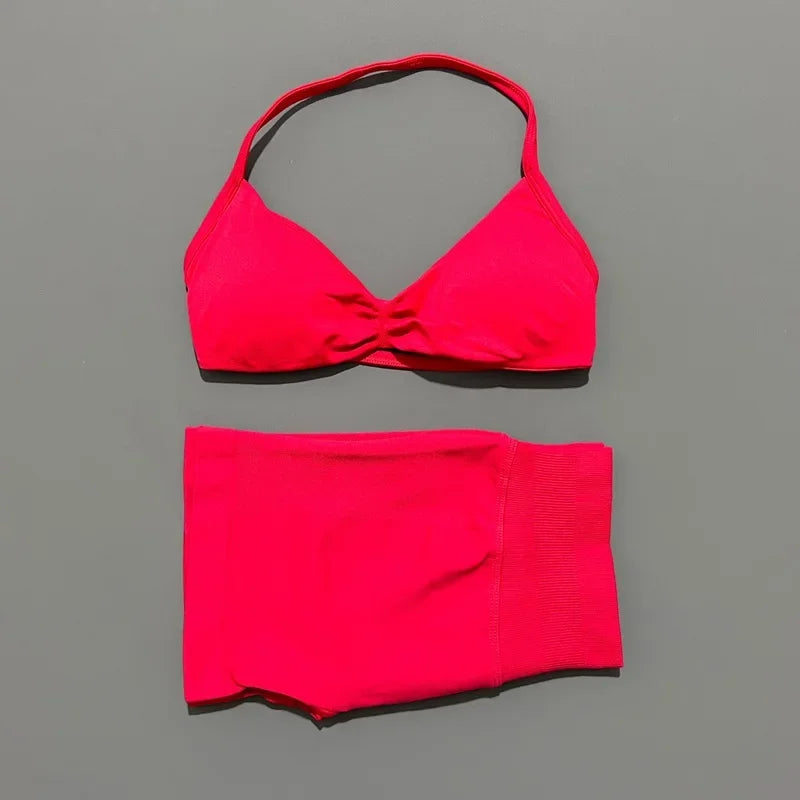 2 Pieces HISTELLO Sports Set Seamless Strappy Yoga Bra High Waist Scrunch Shorts Breathable Elastic Gym Workout Fitness Clothes