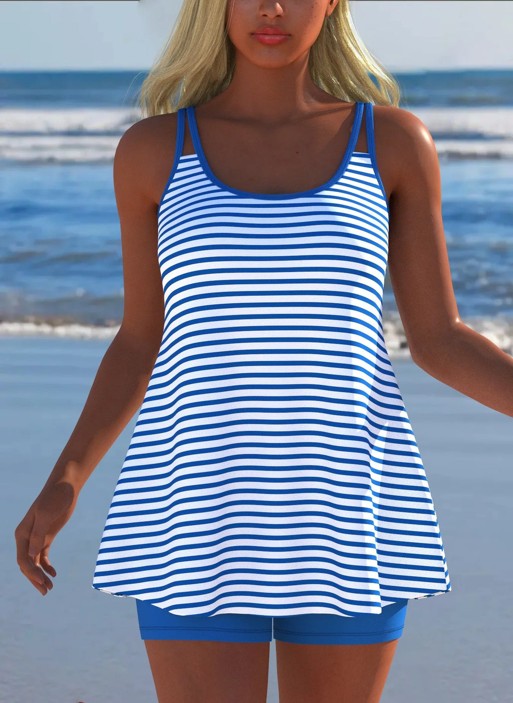 Black White Print Tankini Sleeveless Flared Hem Tankini Top High Stretch Swim Tank Gradient Adjustable Straps Two Piece Swim Top