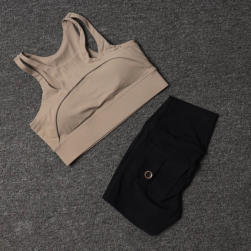 Fitness Shorts Yoga Sets Women's Tracksuit High Waist Sportswear Bra Workout Leggings Cycling Gym Shorts Sports Suit With Pocket