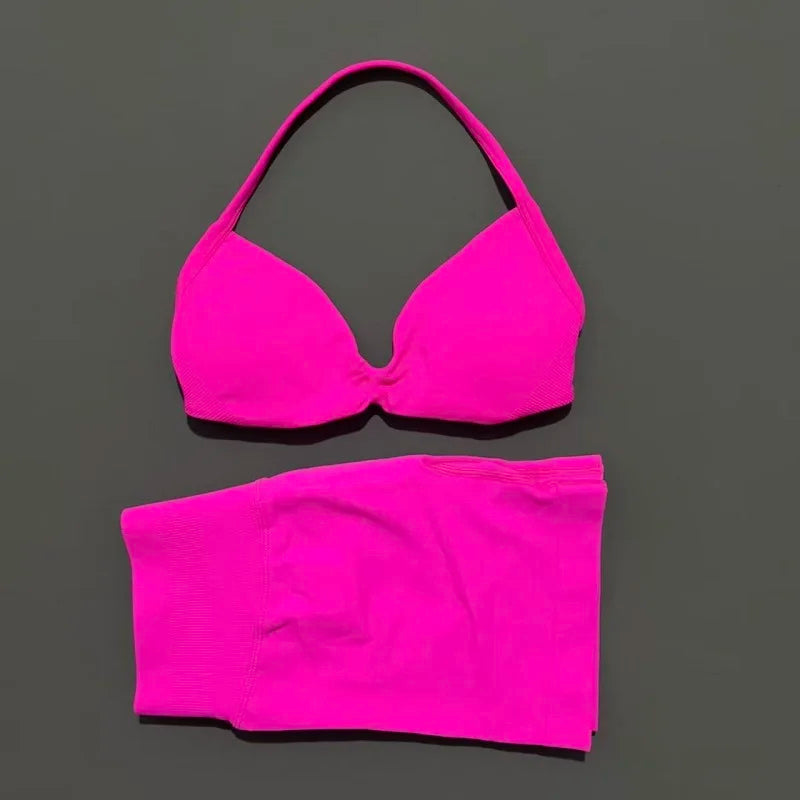 2 Pieces HISTELLO Sports Set Seamless Strappy Yoga Bra High Waist Scrunch Shorts Breathable Elastic Gym Workout Fitness Clothes