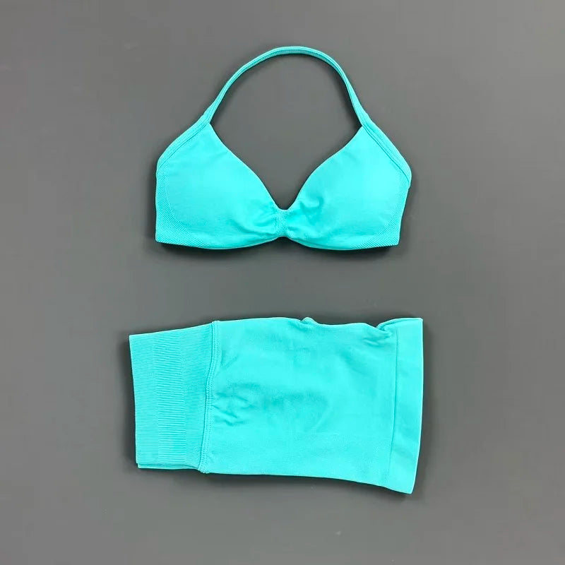 2 Pieces HISTELLO Sports Set Seamless Strappy Yoga Bra High Waist Scrunch Shorts Breathable Elastic Gym Workout Fitness Clothes