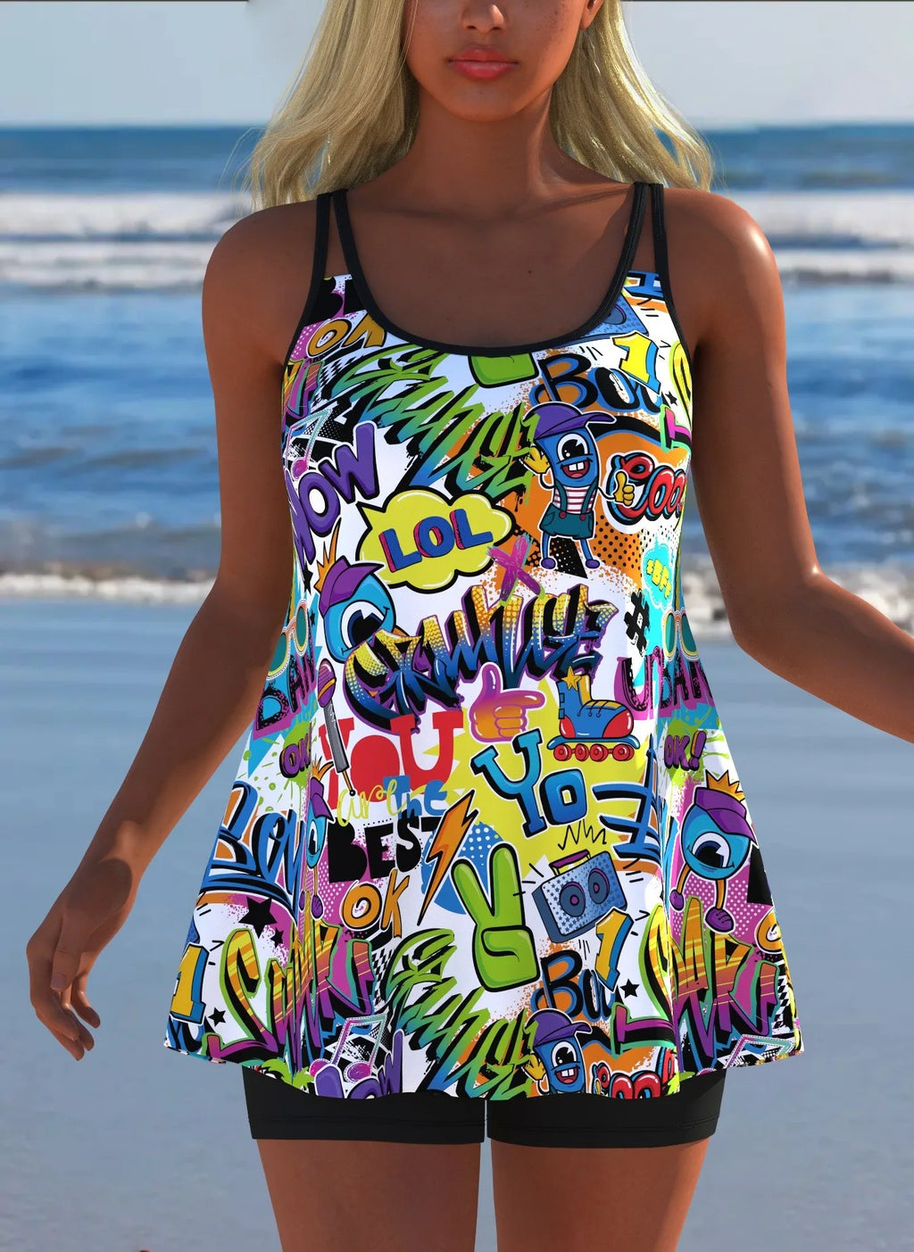 Black White Print Tankini Sleeveless Flared Hem Tankini Top High Stretch Swim Tank Gradient Adjustable Straps Two Piece Swim Top
